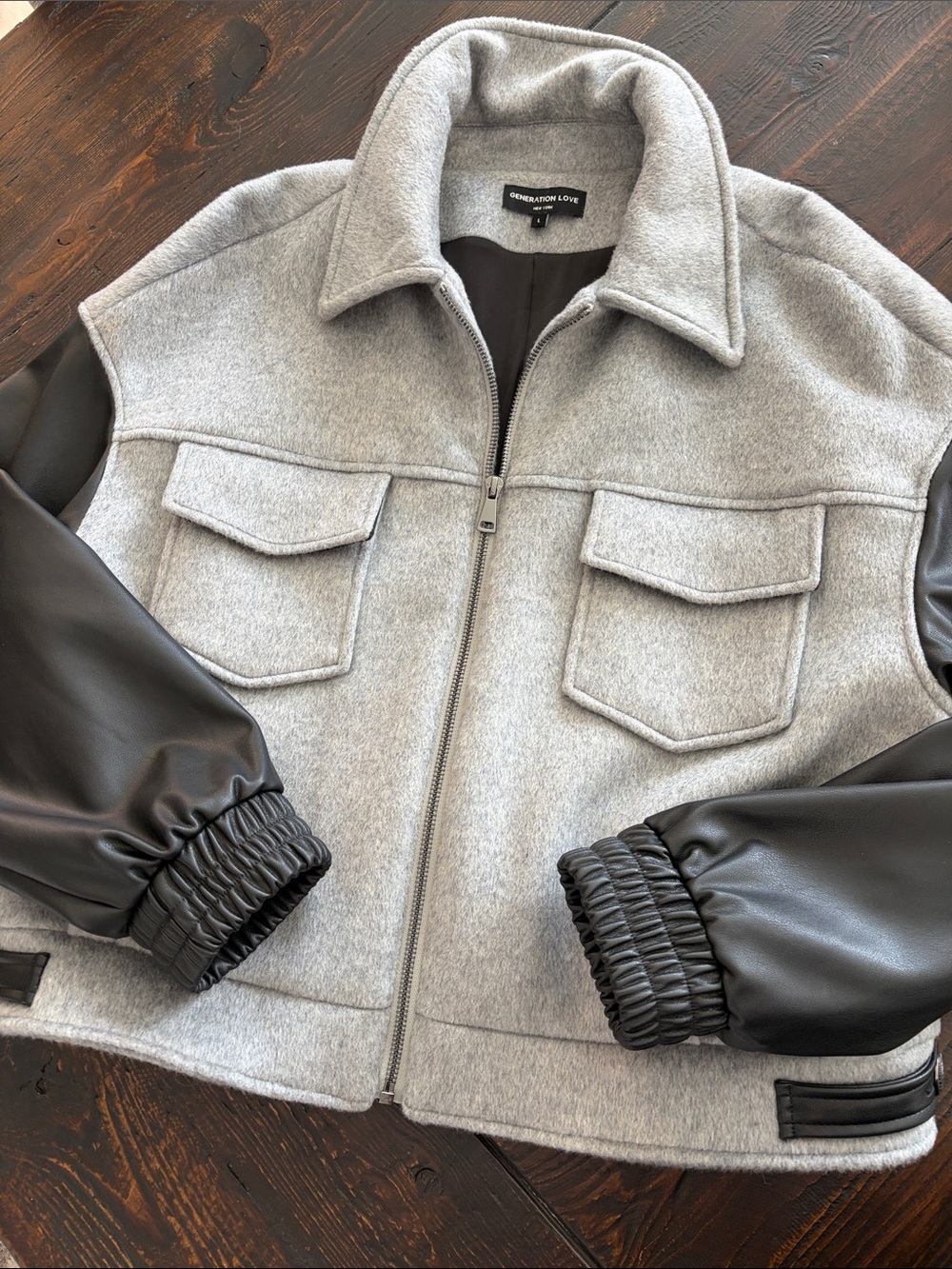 Generation Love Light Gray Wool Bomber Jacket with Black Faux-Leather Sleeves